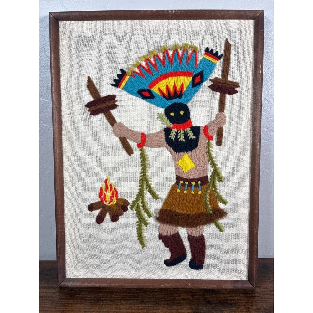 Vintage‎ Kachina Dancer Yarn Embroidery Framed Native American Folk Art 11x15